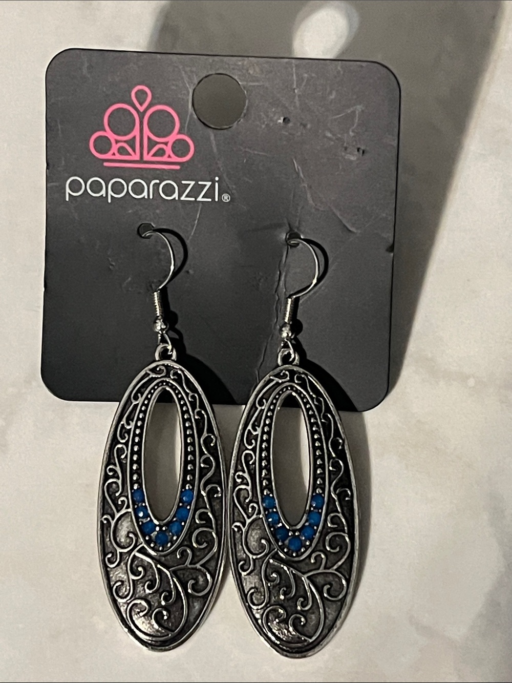 Paparazzi Silver Filigree Oval Earrings with Blue Accents